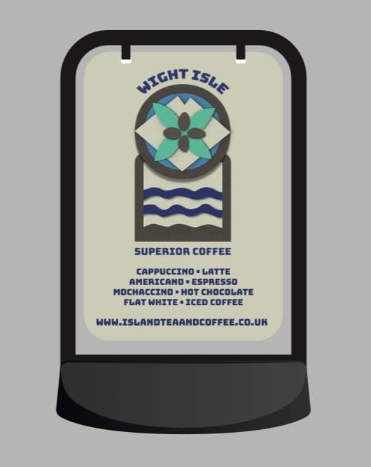 Wight Isle Superior Coffee branded swing sign featuring the brand’s logo, drink options, and website for The Island Tea & Coffee Co.